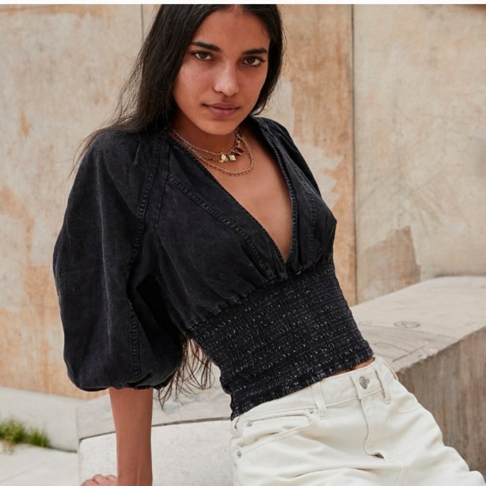 Free People Pamela Denim Blouse Black Acid Wash